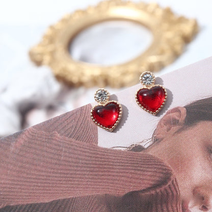 Heart Shape Baroque Style Stud Earrings For Women In Red Alloy With Artificial Gemstones