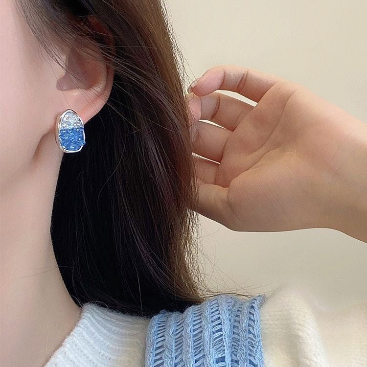 Sweet Crystal Clip Earrings In Blue With 925 Sterling Silver Studs, Alloy Base Featuring Sparkling Crystal Inlay
