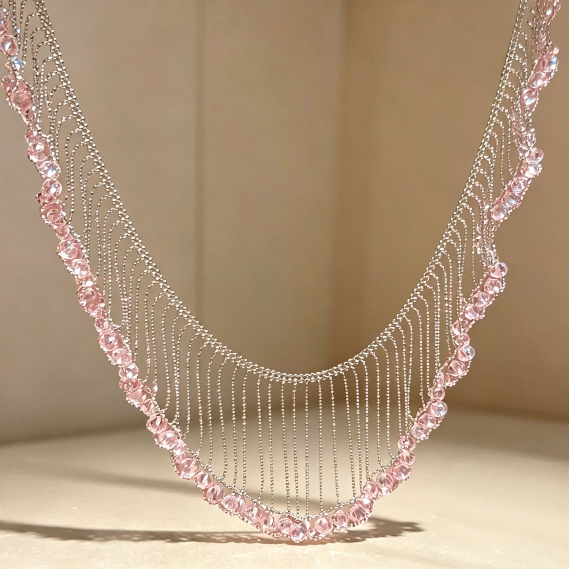 Sweet Silver Lace Braid Necklace For Women In Copper With Beads Inlay