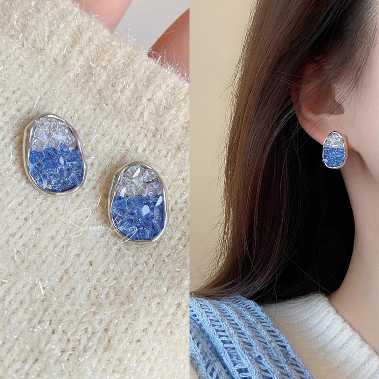 Sweet Crystal Clip Earrings In Blue With 925 Sterling Silver Studs, Alloy Base Featuring Sparkling Crystal Inlay