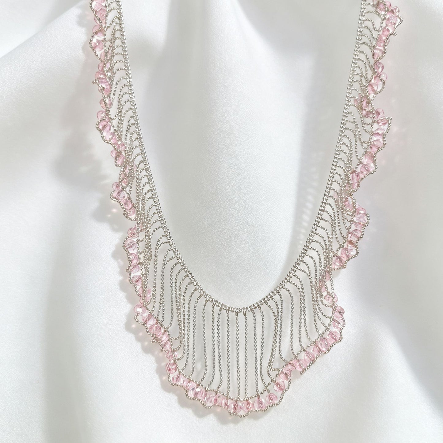 Sweet Silver Lace Braid Necklace For Women In Copper With Beads Inlay