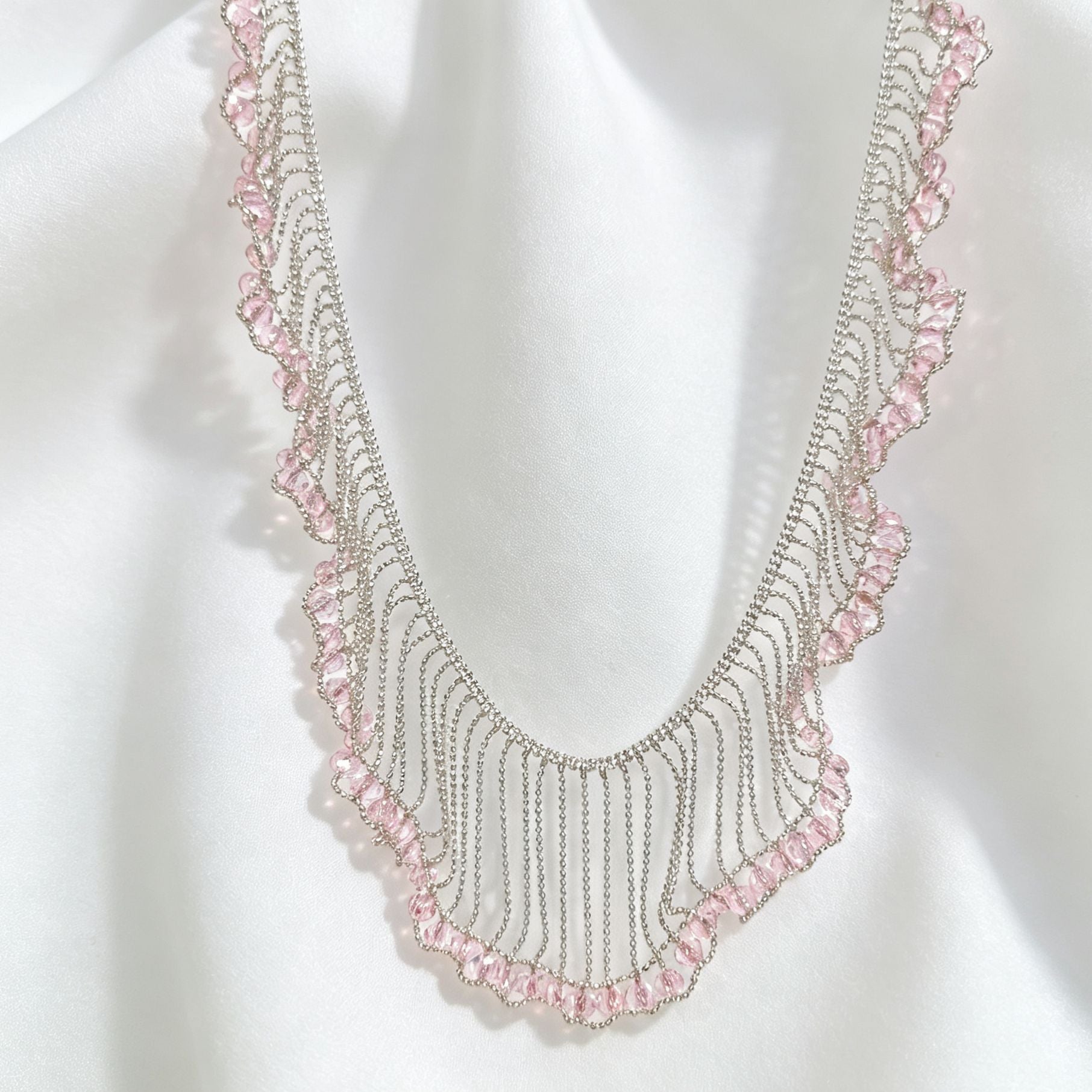 Sweet Silver Lace Braid Necklace For Women In Copper With Beads Inlay