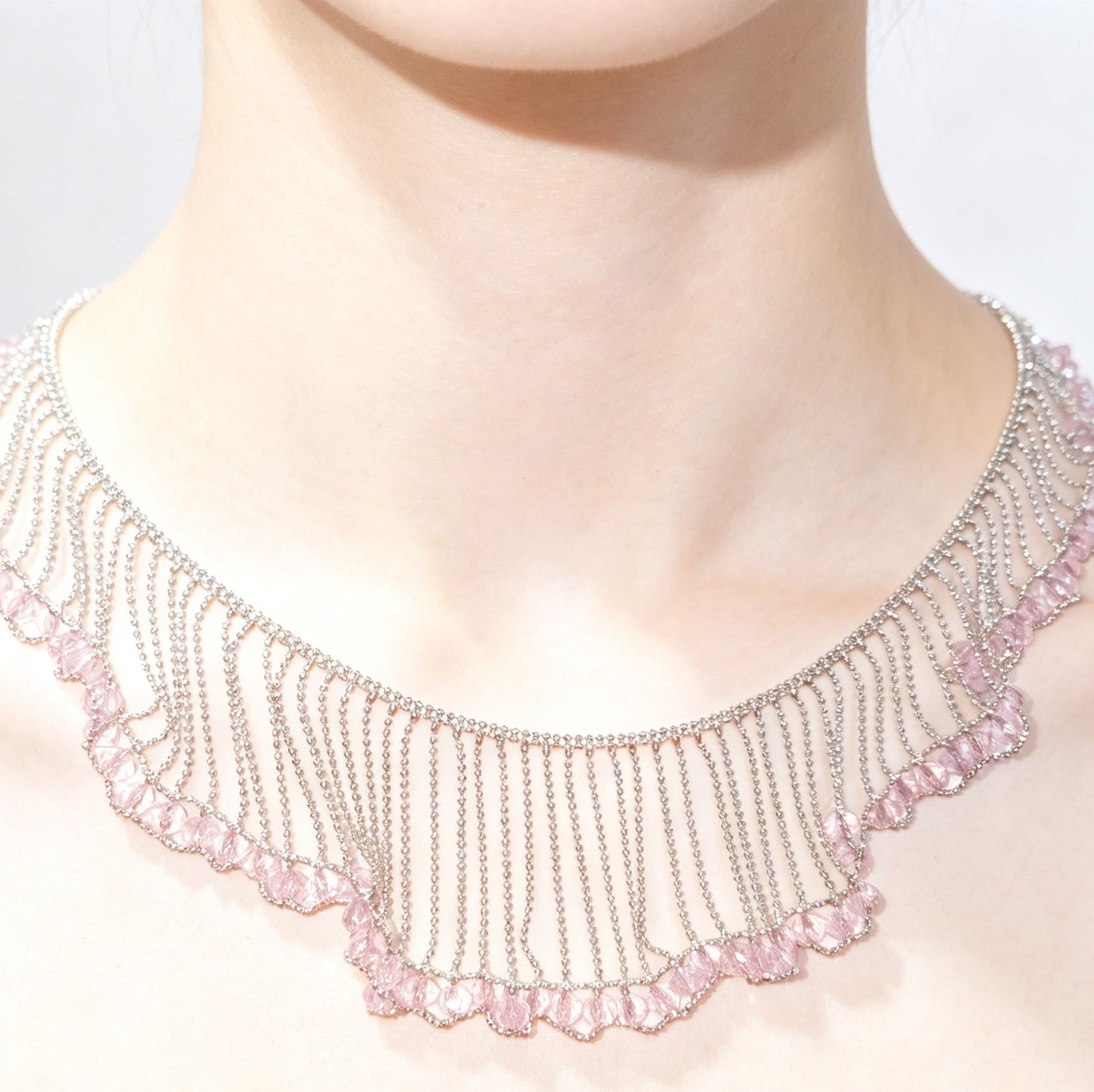 Sweet Silver Lace Braid Necklace For Women In Copper With Beads Inlay