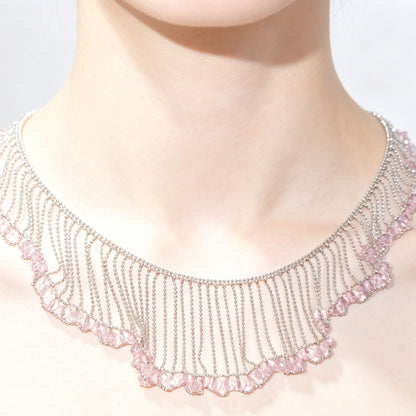Sweet Silver Lace Braid Necklace For Women In Copper With Beads Inlay