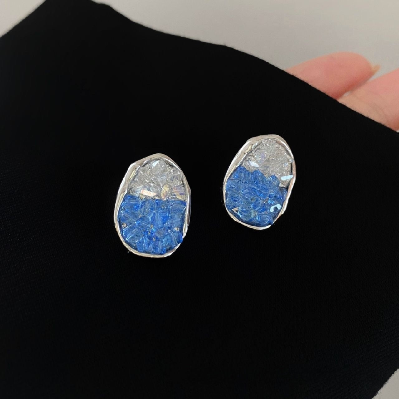 Sweet Crystal Clip Earrings In Blue With 925 Sterling Silver Studs, Alloy Base Featuring Sparkling Crystal Inlay