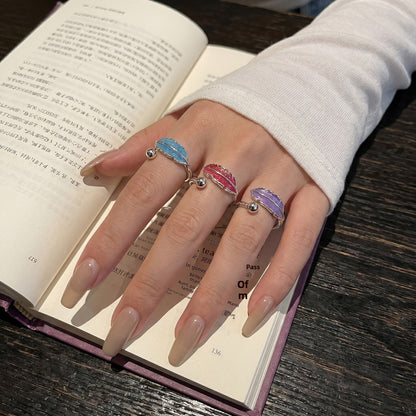 Feather Open Ring For Women In Simple Style, Electroplated Copper With Natural Pink Finish