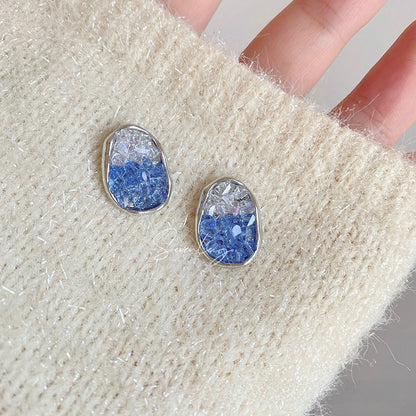 Sweet Crystal Clip Earrings In Blue With 925 Sterling Silver Studs, Alloy Base Featuring Sparkling Crystal Inlay