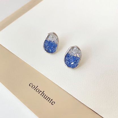 Sweet Crystal Clip Earrings In Blue With 925 Sterling Silver Studs, Alloy Base Featuring Sparkling Crystal Inlay
