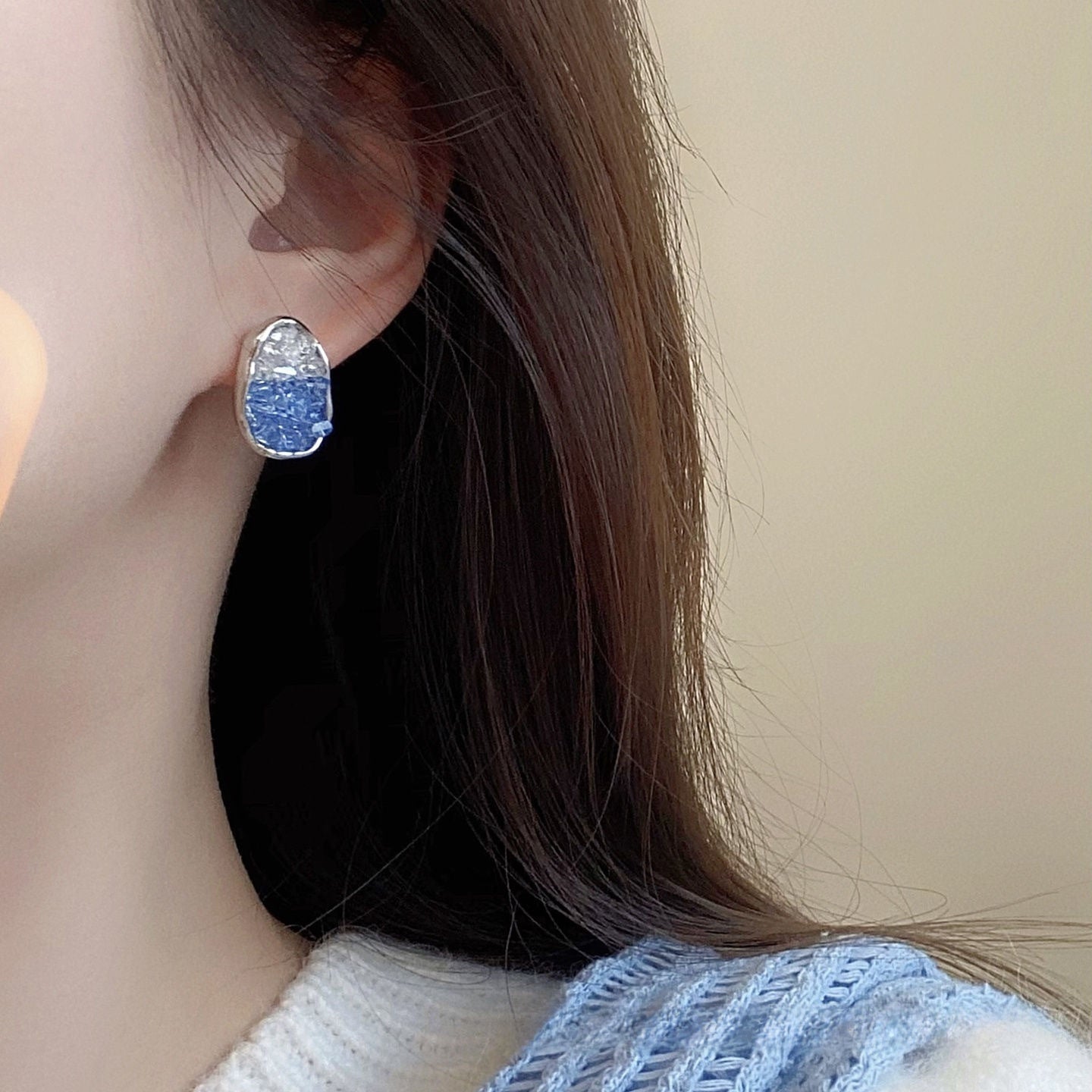 Sweet Crystal Clip Earrings In Blue With 925 Sterling Silver Studs, Alloy Base Featuring Sparkling Crystal Inlay