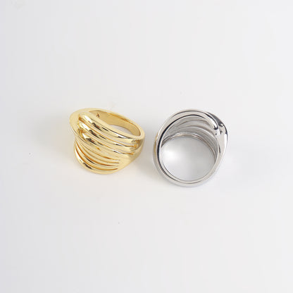 Unisex Stripe Open Rings Made Of Copper With Real Gold Plated Finish In Elegant Gold Color