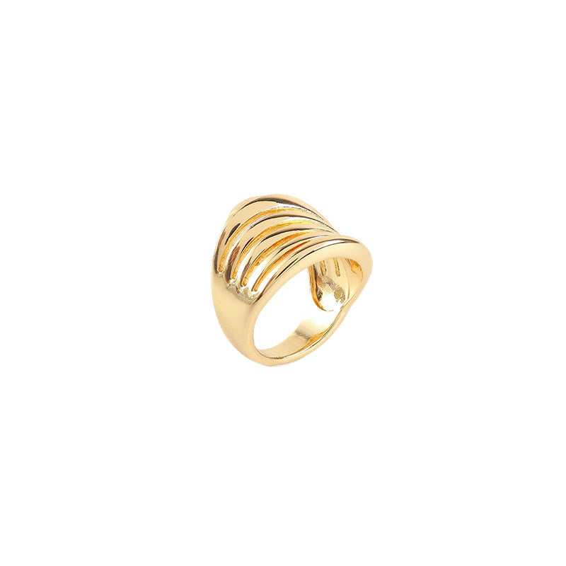 Unisex Stripe Open Rings Made Of Copper With Real Gold Plated Finish In Elegant Gold Color