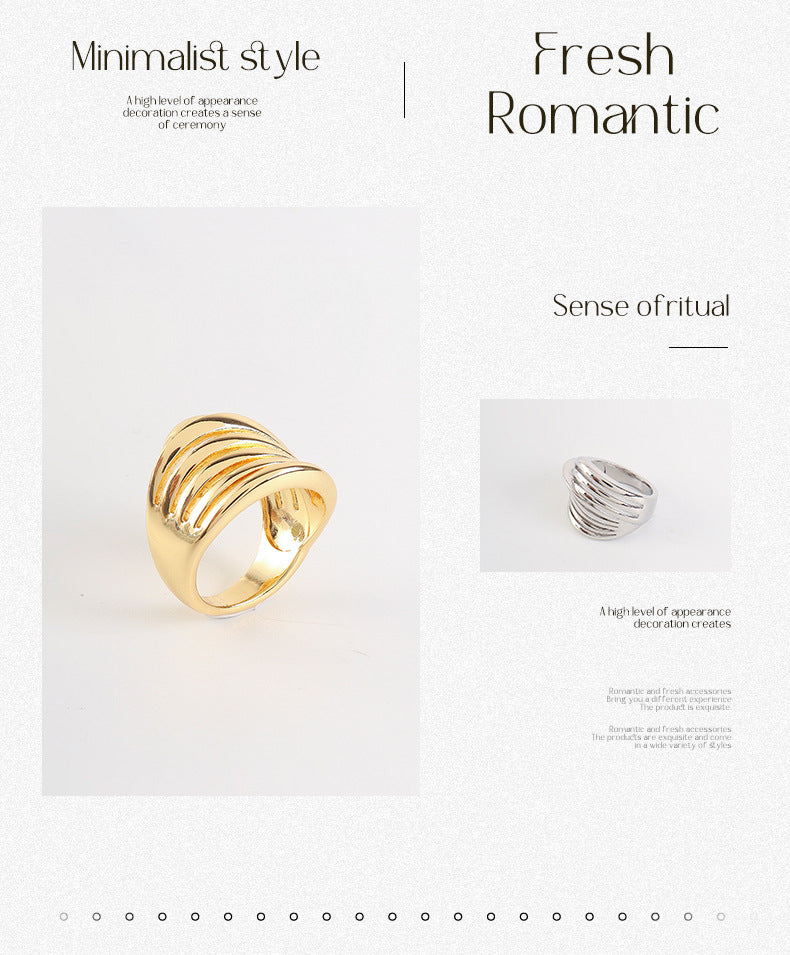 Unisex Stripe Open Rings Made Of Copper With Real Gold Plated Finish In Elegant Gold Color
