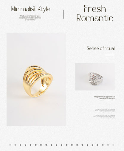 Unisex Stripe Open Rings Made Of Copper With Real Gold Plated Finish In Elegant Gold Color