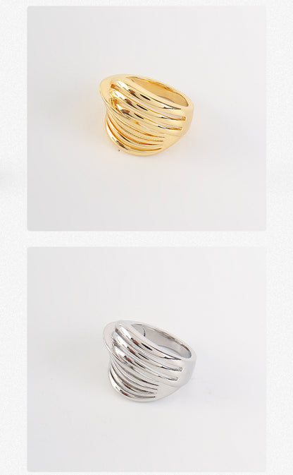 Unisex Stripe Open Rings Made Of Copper With Real Gold Plated Finish In Elegant Gold Color