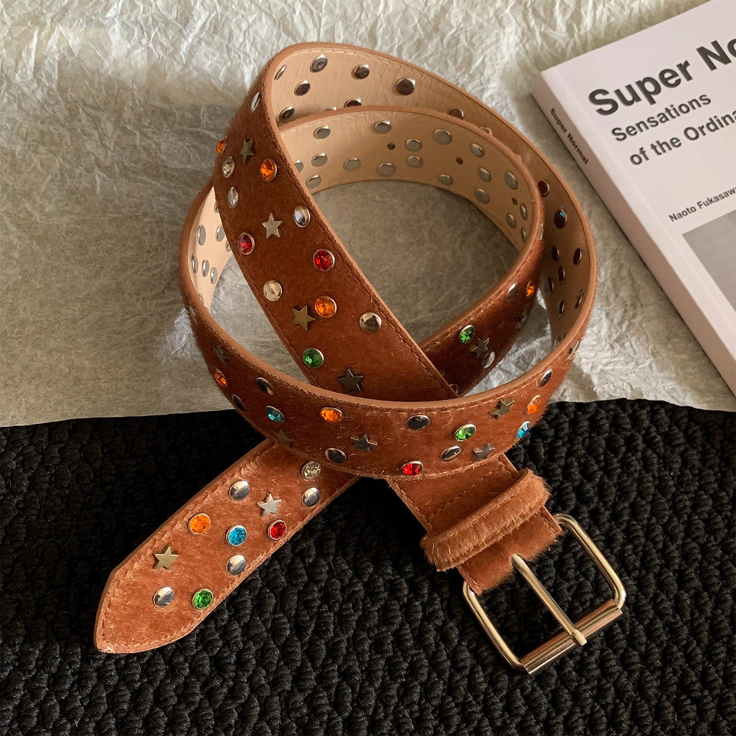 Women’s Star Pattern Patent Leather Belt With Pin Buckle In Glossy Finish