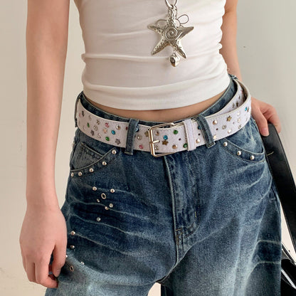 Women’s Star Pattern Patent Leather Belt With Pin Buckle In Glossy Finish