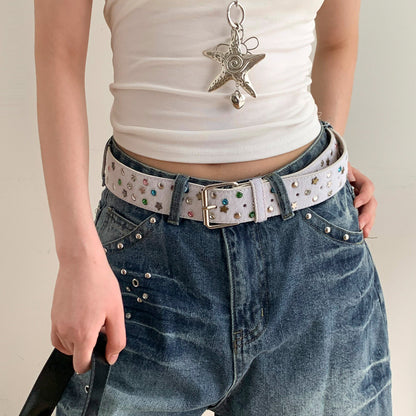 Women’s Star Pattern Patent Leather Belt With Pin Buckle In Glossy Finish