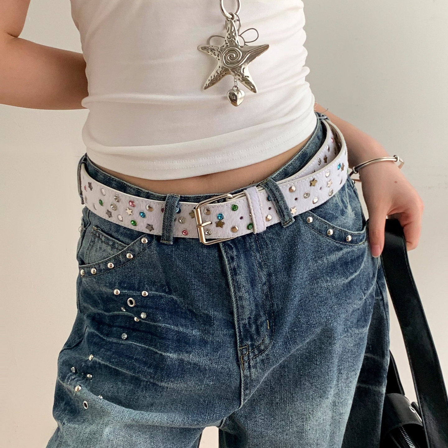 Women’s Star Pattern Patent Leather Belt With Pin Buckle In Glossy Finish