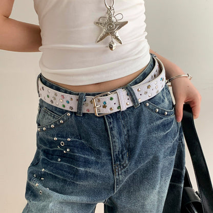 Women’s Star Pattern Patent Leather Belt With Pin Buckle In Glossy Finish