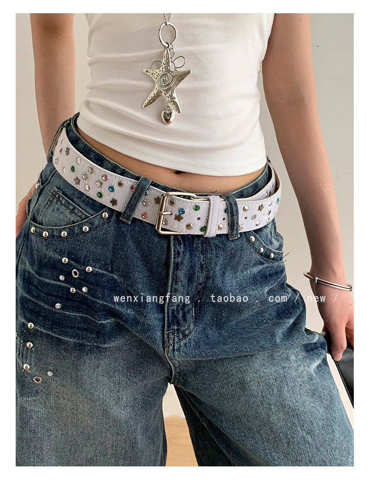Women’s Star Pattern Patent Leather Belt With Pin Buckle In Glossy Finish