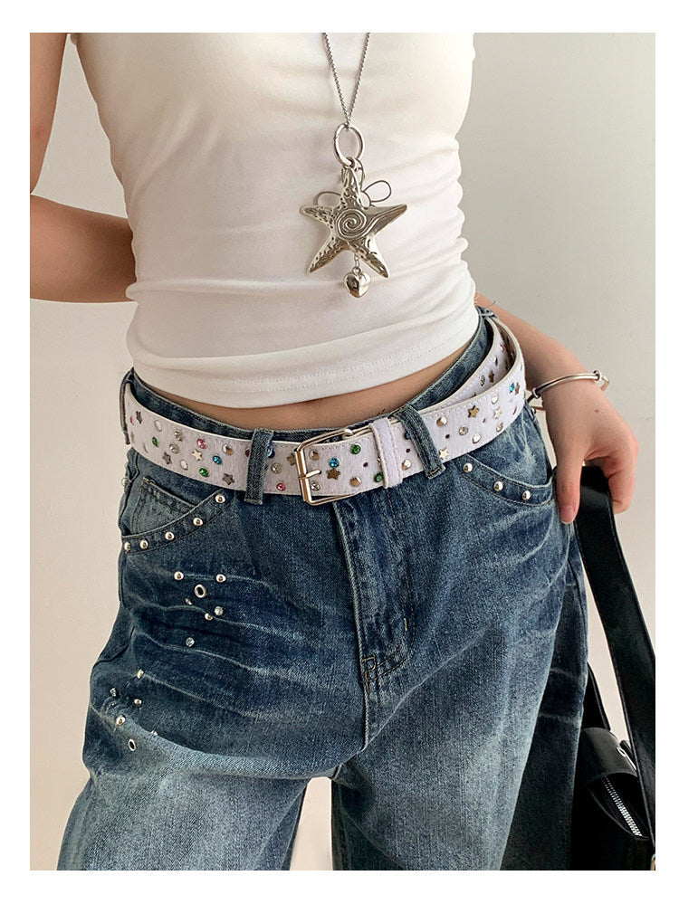 Women’s Star Pattern Patent Leather Belt With Pin Buckle In Glossy Finish