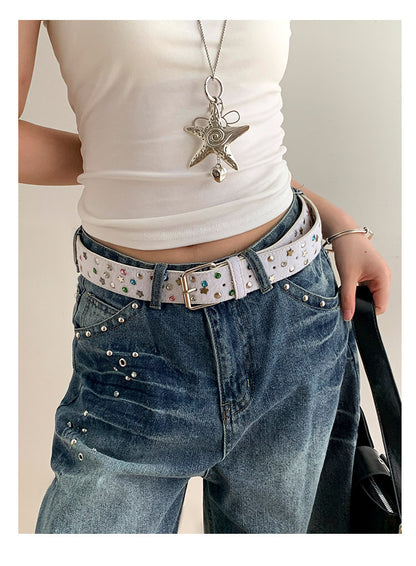 Women’s Star Pattern Patent Leather Belt With Pin Buckle In Glossy Finish
