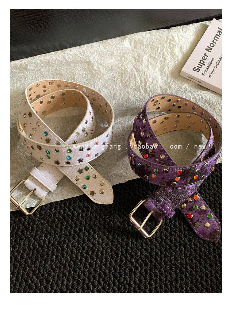 Women’s Star Pattern Patent Leather Belt With Pin Buckle In Glossy Finish