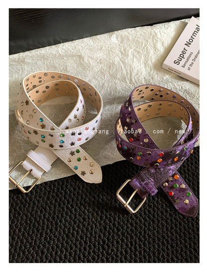 Women’s Star Pattern Patent Leather Belt With Pin Buckle In Glossy Finish
