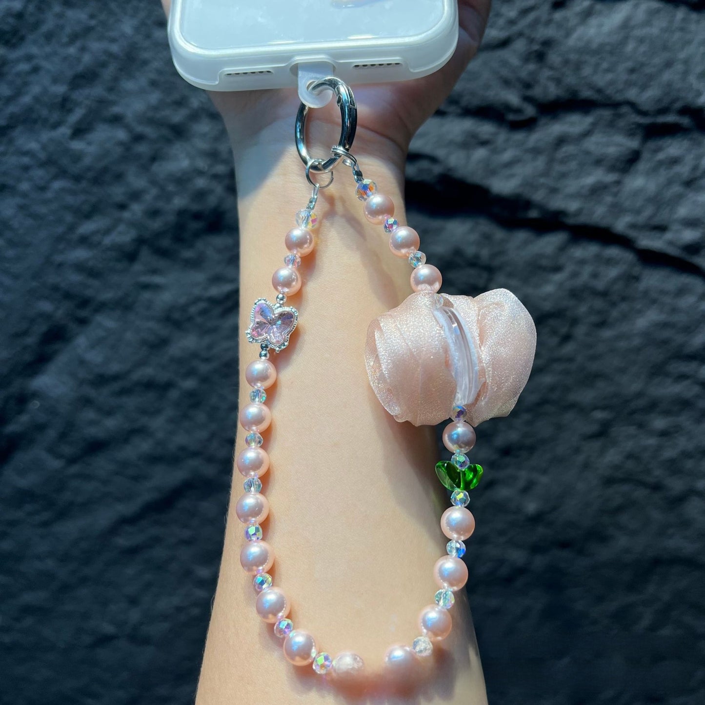 Handmade Lace Knitting Mobile Phone Chain With Artificial Pearl In Natural Pink