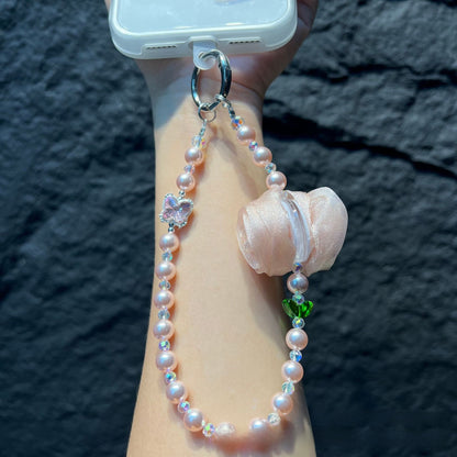 Handmade Lace Knitting Mobile Phone Chain With Artificial Pearl In Natural Pink