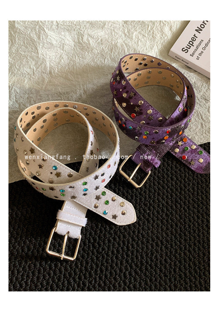 Women’s Star Pattern Patent Leather Belt With Pin Buckle In Glossy Finish