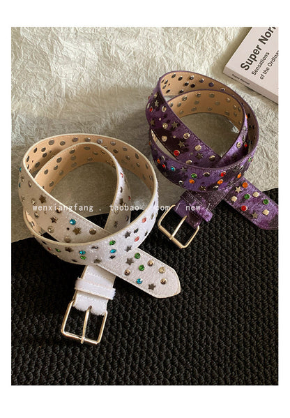 Women’s Star Pattern Patent Leather Belt With Pin Buckle In Glossy Finish