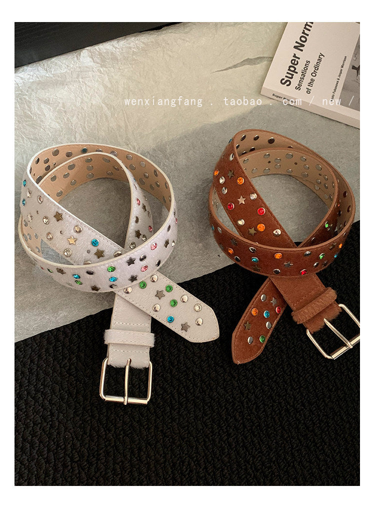 Women’s Star Pattern Patent Leather Belt With Pin Buckle In Glossy Finish