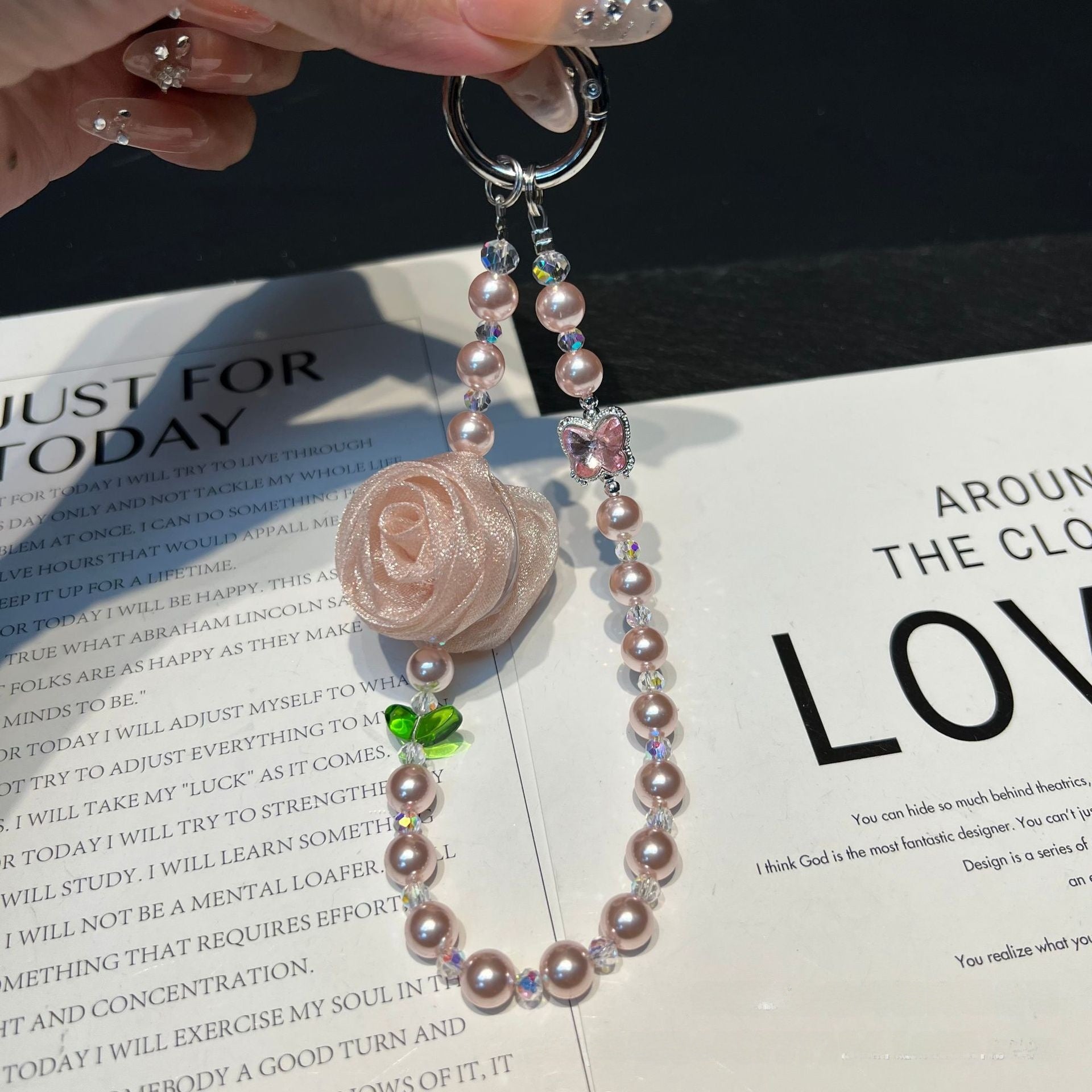 Handmade Lace Knitting Mobile Phone Chain With Artificial Pearl In Natural Pink
