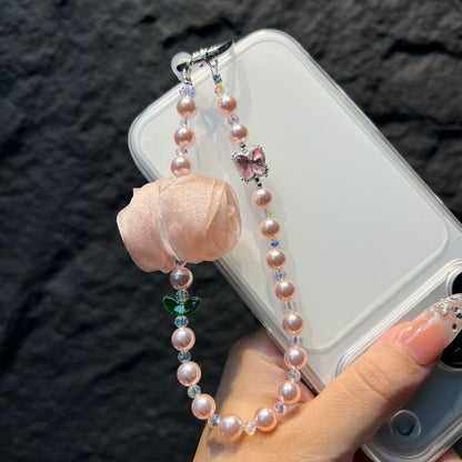 Handmade Lace Knitting Mobile Phone Chain With Artificial Pearl In Natural Pink