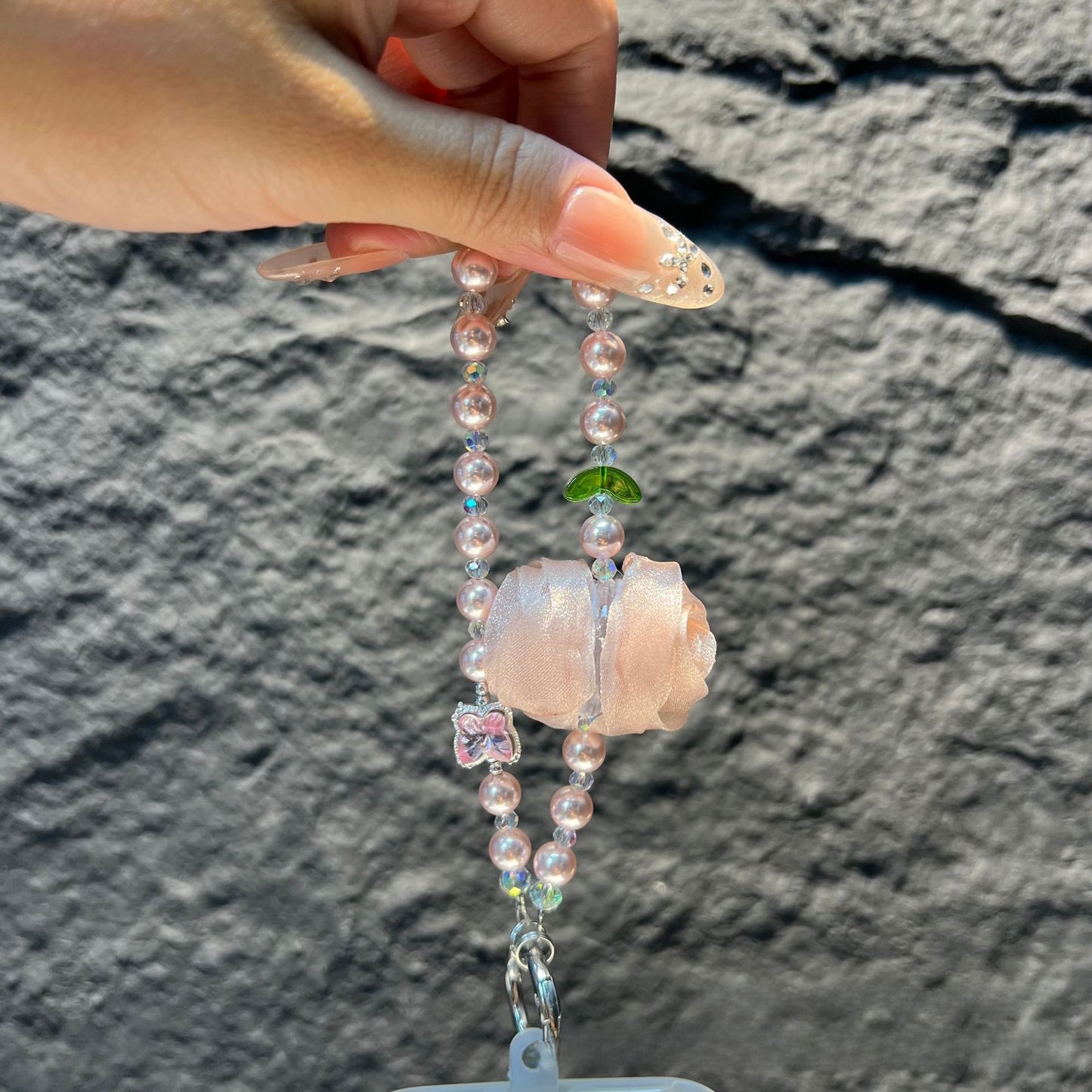 Handmade Lace Knitting Mobile Phone Chain With Artificial Pearl In Natural Pink