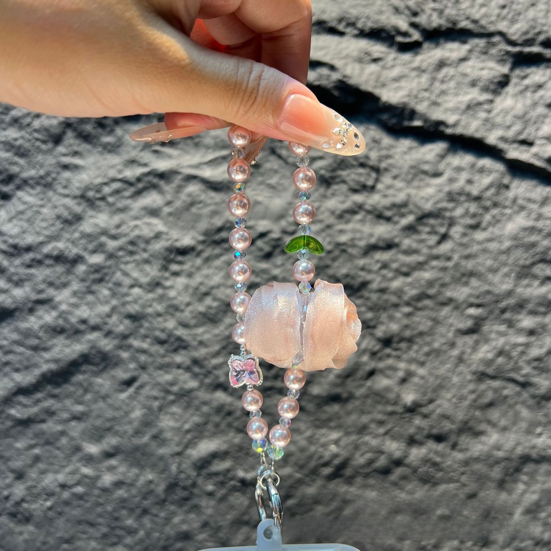 Handmade Lace Knitting Mobile Phone Chain With Artificial Pearl In Natural Pink