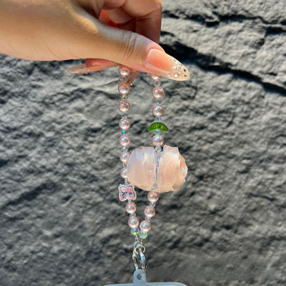 Handmade Lace Knitting Mobile Phone Chain With Artificial Pearl In Natural Pink