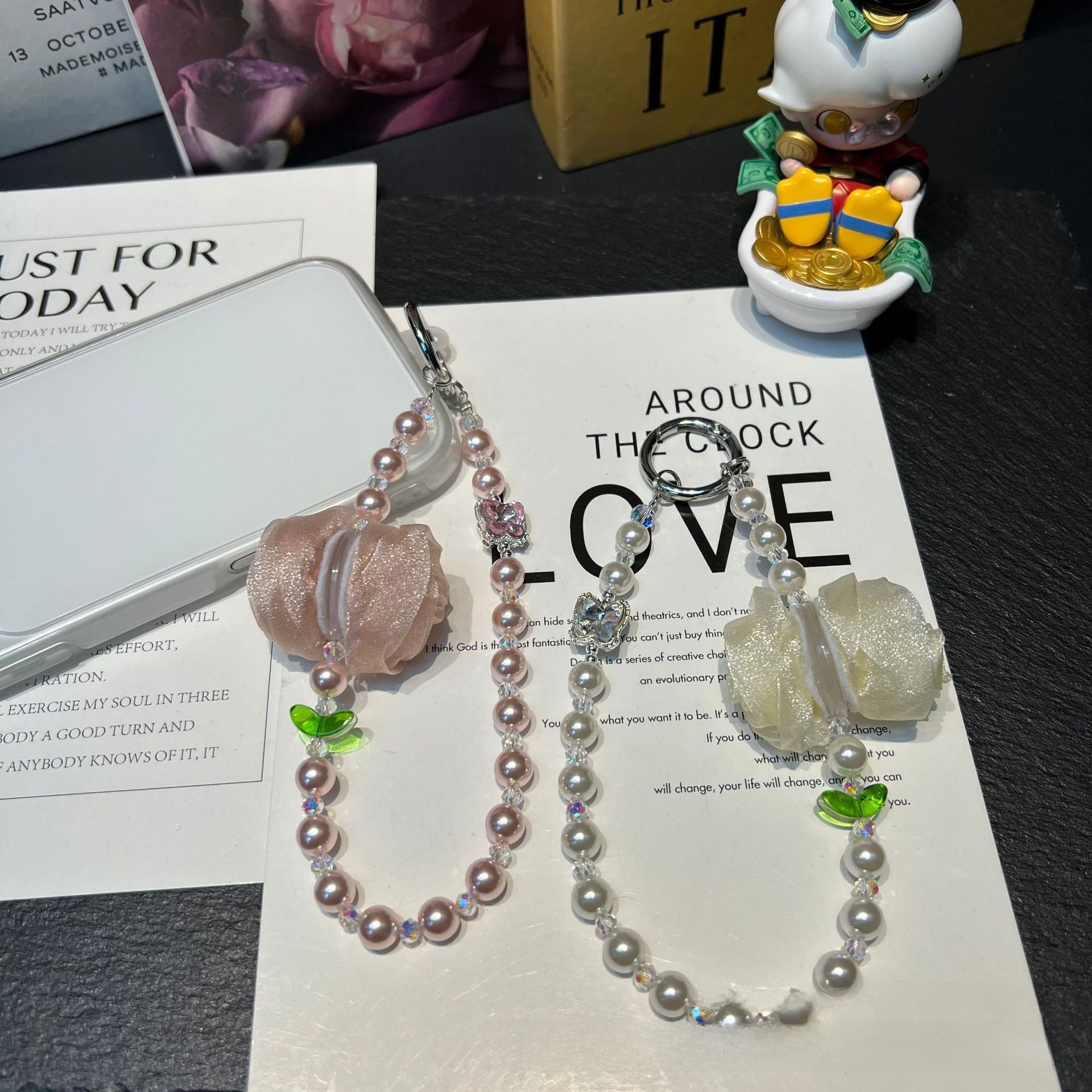 Handmade Lace Knitting Mobile Phone Chain With Artificial Pearl In Natural Pink
