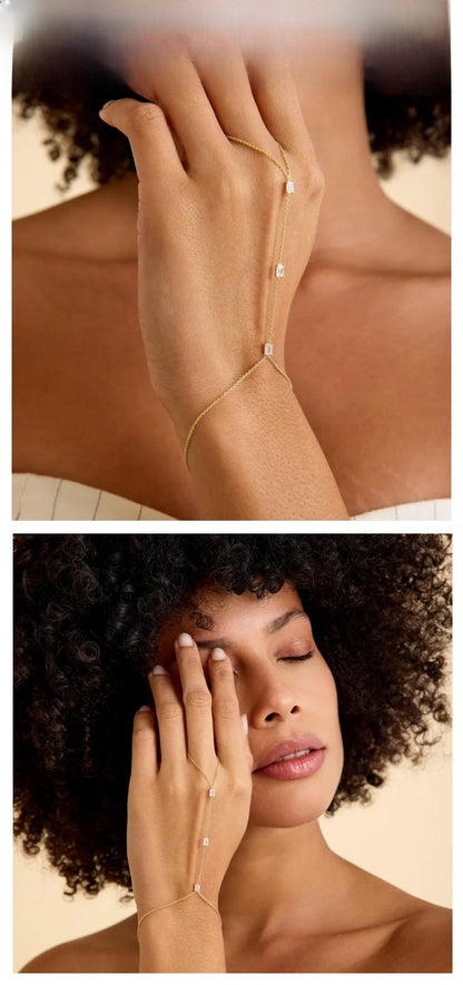 Geometric Silver Hand Chain Bracelet For Women, Electroplated Alloy With Rhinestones