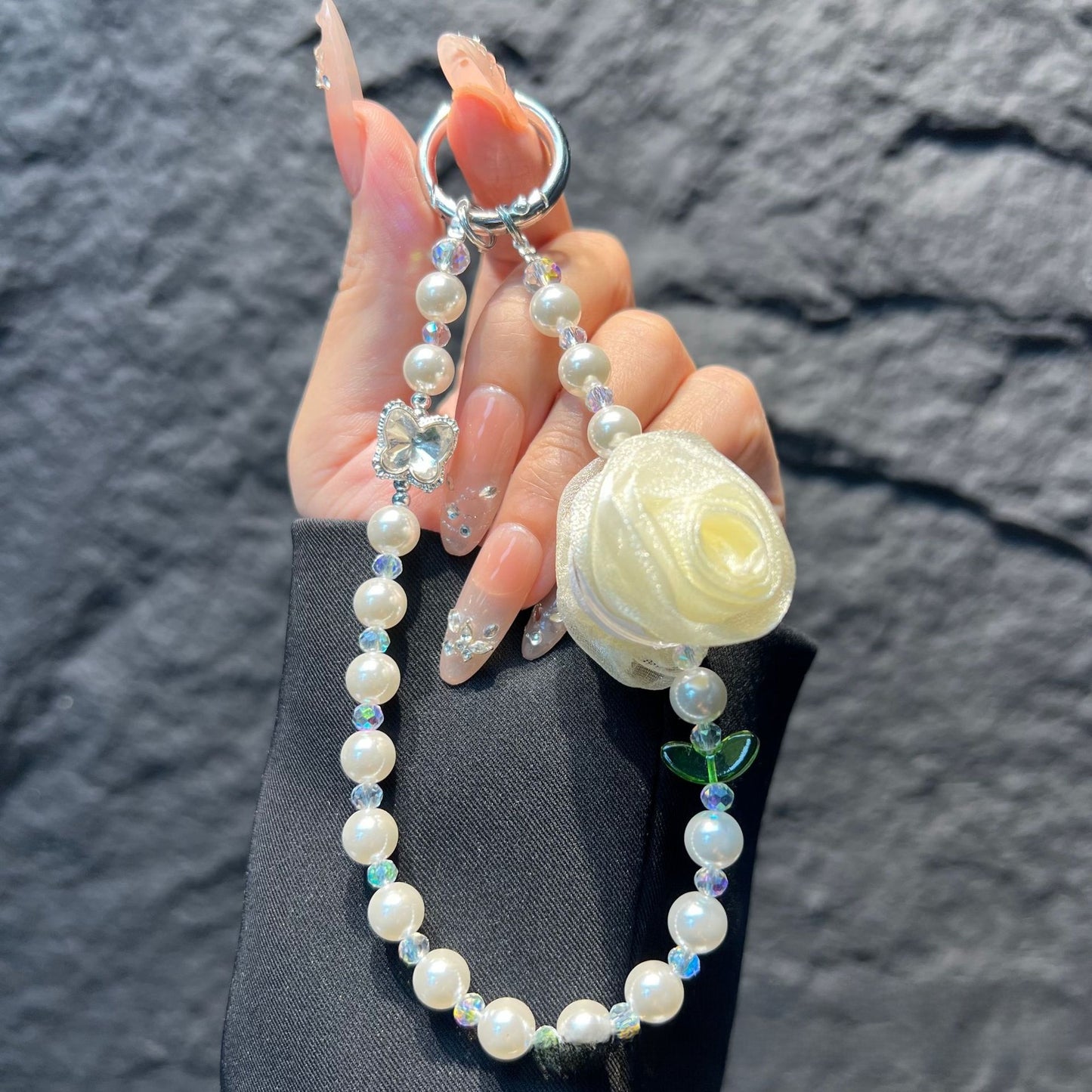Handmade Lace Knitting Mobile Phone Chain With Artificial Pearl In Natural Pink