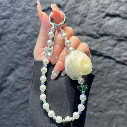 Handmade Lace Knitting Mobile Phone Chain With Artificial Pearl In Natural Pink