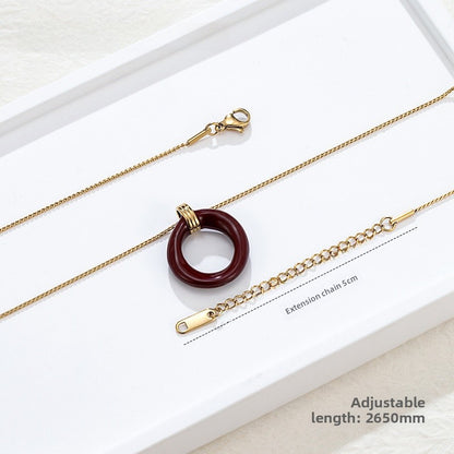Round Red Enamel Pendant Necklace For Women With Titanium Steel Chain And Titanium Steel Pendant