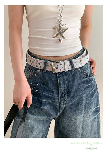 Women’s Star Pattern Patent Leather Belt With Pin Buckle In Glossy Finish