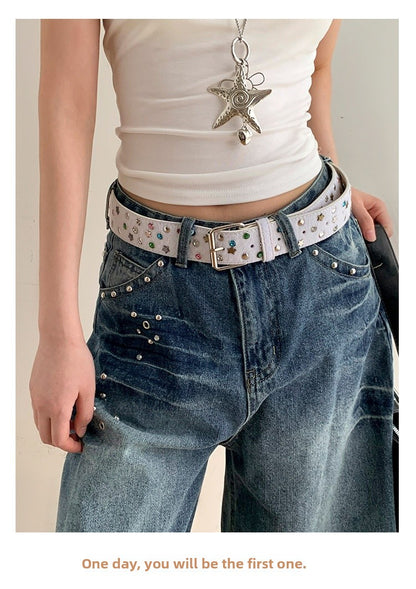 Women’s Star Pattern Patent Leather Belt With Pin Buckle In Glossy Finish