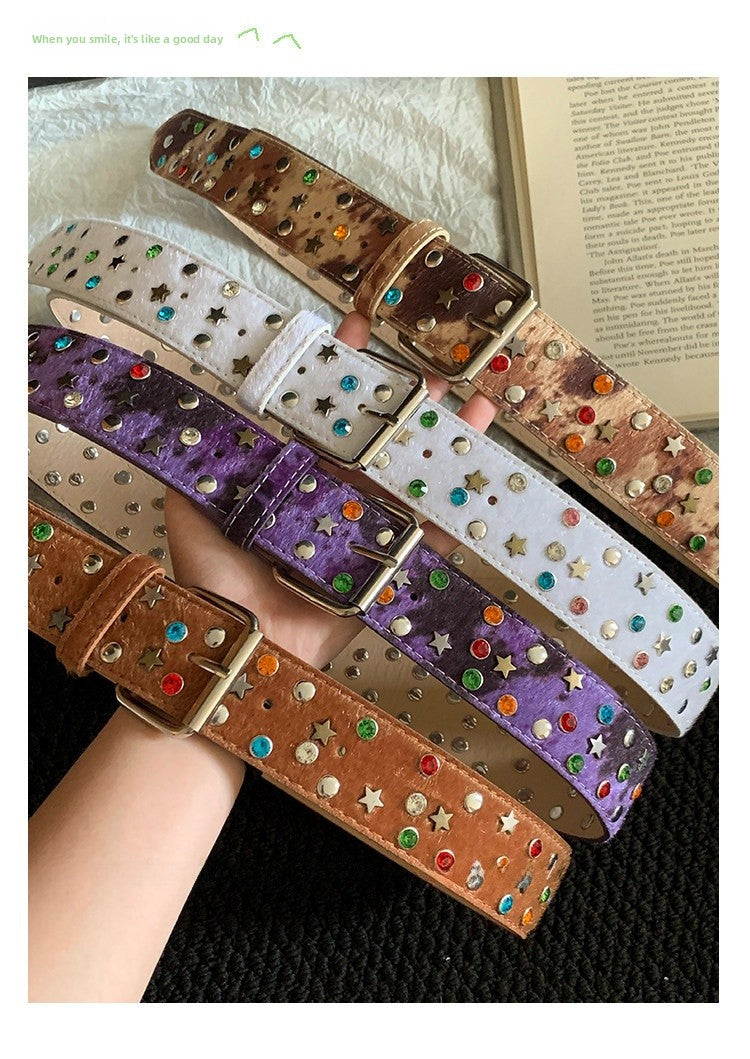 Women’s Star Pattern Patent Leather Belt With Pin Buckle In Glossy Finish