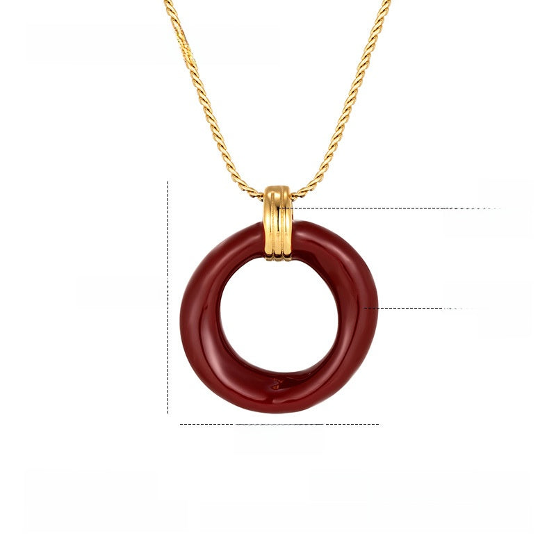 Round Red Enamel Pendant Necklace For Women With Titanium Steel Chain And Titanium Steel Pendant