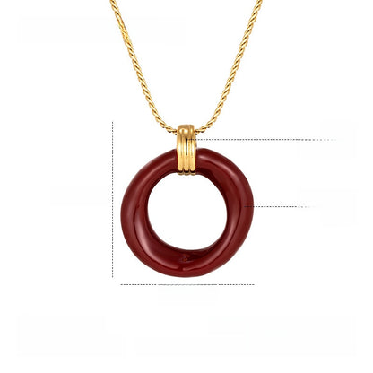 Round Red Enamel Pendant Necklace For Women With Titanium Steel Chain And Titanium Steel Pendant