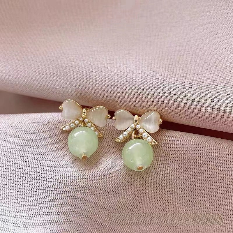 Bow Tie Stud Earrings For Women In Alloy With Cat's Eye Stone Featuring Clip-On Ear Caps