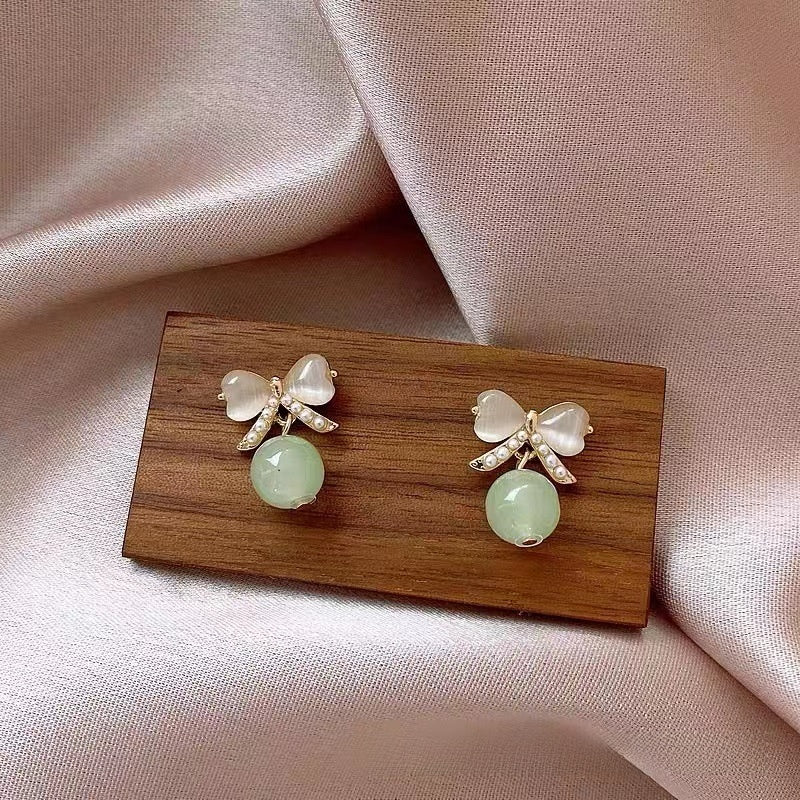 Bow Tie Stud Earrings For Women In Alloy With Cat's Eye Stone Featuring Clip-On Ear Caps